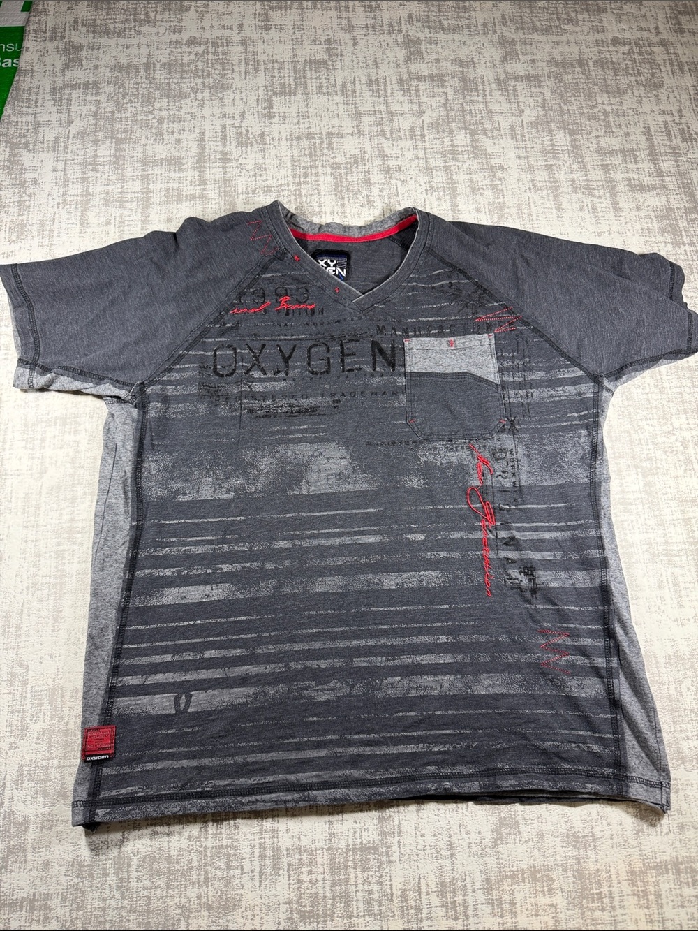 VINTAGE Oxygen Charcoal Gray V-Neck Short Sleeve Tee sz TTGXXL 27.5 X23.5 Mens